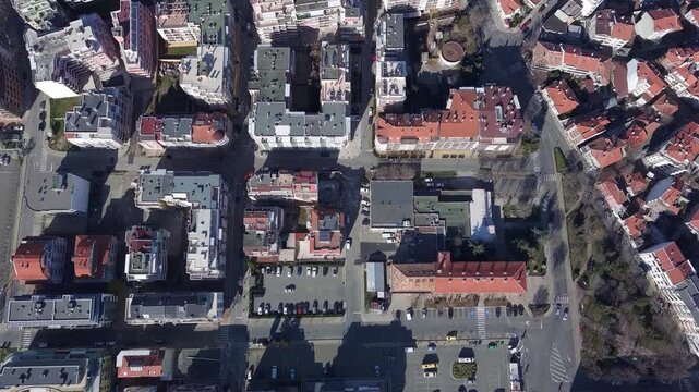 View from a height of the city of Pomorie with many cars, houses and hotels