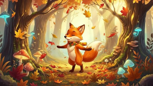 A cartoon fox dancing in a vibrant autumn forest scene surrounded by trees and foliage