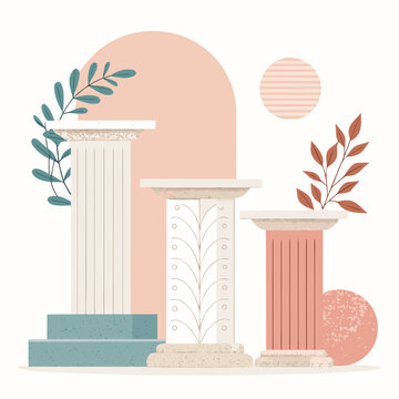 Three ornate pillars displayed on different pedestals against a minimalist background with foliage and abstract shapes