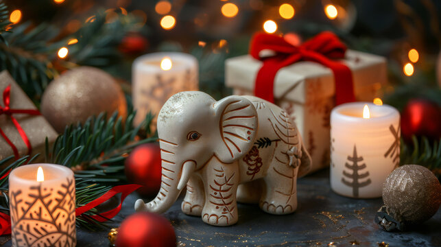 holiday decor arrangement, cozy winter scene with a small elephant decor, gift boxes, and pine branches in warm candlelight, no people, and ample copy space