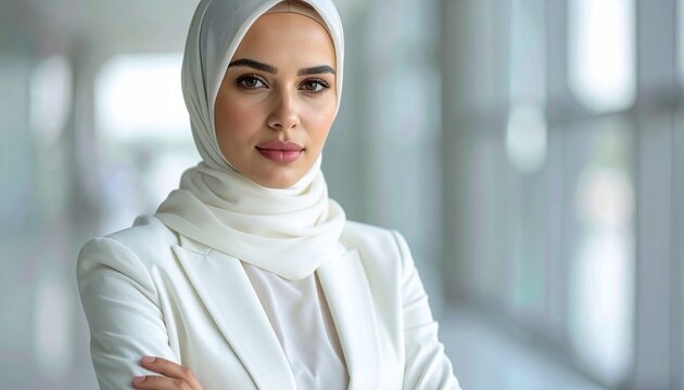 Fashion editorial photo of a woman wearing hijab in a stylish outfit under dramatic lighting