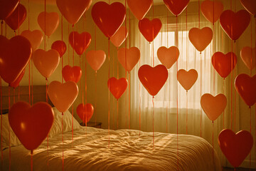 Romantic Sunlit Bedroom Filled with Floating Heart Balloons