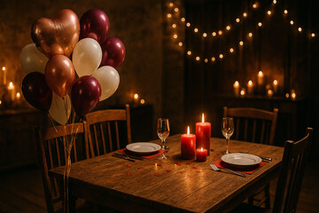 Romantic Rustic Valentine&rsquo;s Dinner Table with Balloon Bouquet and Candlelight