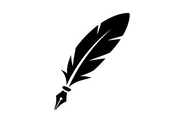 A minimalist black feather quill pen icon on a white background © Jibongfx