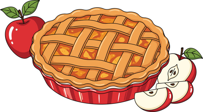 Homemade apple pie with lattice crust in a red baking dish surrounded by fresh red apples, autumn dessert food vector illustration isolated.