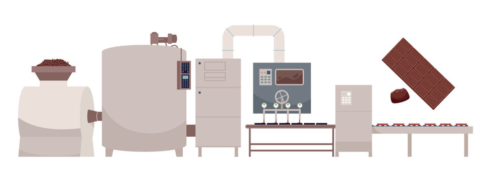 Chocolate manufacturing process with industrial machines, conveyor belt, cocoa beans, and finished chocolate products isolated on white background vector illustration