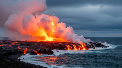 Fototapeta premium Lava flowing into the ocean during sunset
