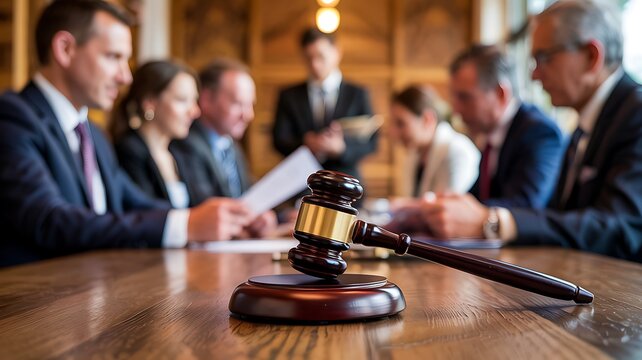 Judges and lawyers in conference room discuss legal case near courtroom with gavel on table, serious business meeting, justice and law concept, professional teamwork, courtroom debate, legal advice.