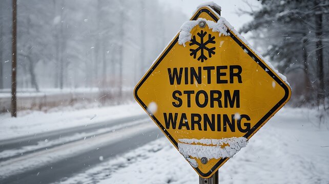 Warning sign for winter storm, heavy snowfall on road and trees, dangerous weather condition, icy road alert, caution for drivers, hazardous travel, winter precipitation, bad weather.
