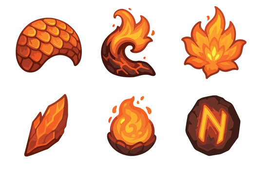 Collection of fantasy fire magic icons for video games includes a dragon scale, lava flame, fiery flower, magic crystal, fireball, and a glowing rune for a user interface