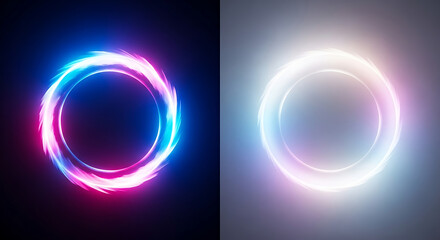 Glowing neon light rings abstract motion blur background futuristic design