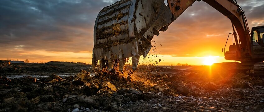 Excavator digging dirt at sunset, dramatic clouds, golden hour light, construction site, heavy machinery working, earth moving, industrial activity, powerful equipment