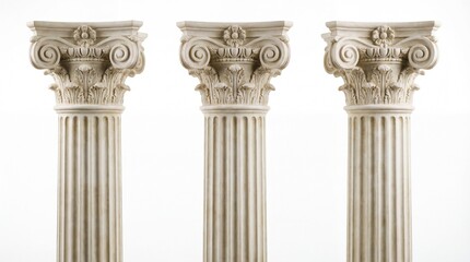 Fototapeta premium Three ornate classical columns against a white background architectural design.