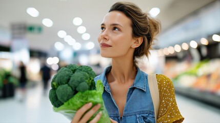 Young caucasian female choosing fresh broccoli in grocery store