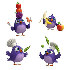 Fototapeta premium Whimsical Purple Bird Characters Engaging with Food in Vibrant Illustrations