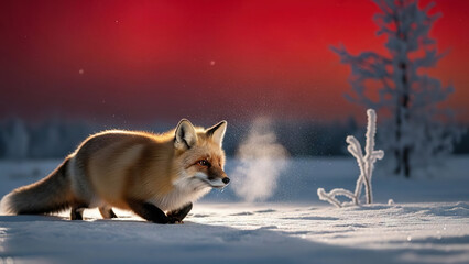 Obraz premium Fox walking through snow-covered forest at sunset