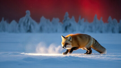 Obraz premium Fox walking through snow-covered forest at sunset