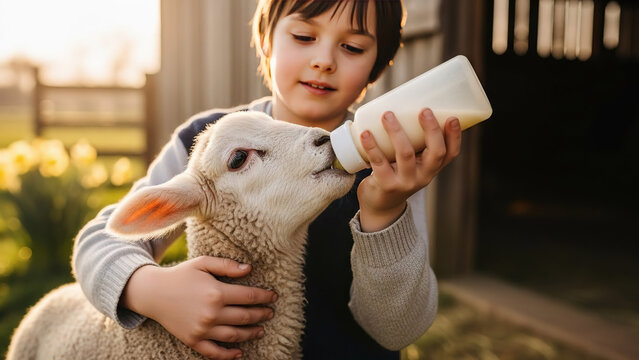 Child feeding a lamb with a bottle in a rural setting
