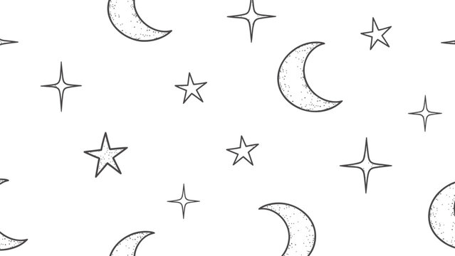 Night sky pattern with crescent moons and stars on white background for design