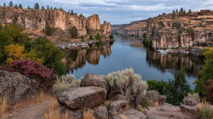 Fototapeta premium Scenic Snake River Canyon in Idaho with reflections and rock formations.