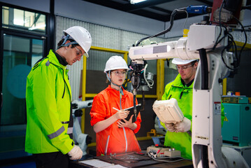 A team of robotic machine engineers is checking the operation of a robot arm manufacturing machine and welding robots in a production process at an industrial factory.