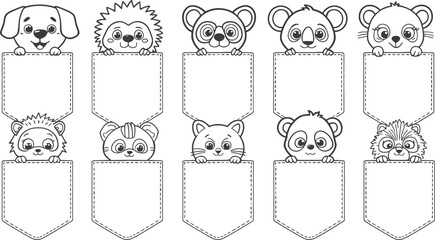 Cute cartoon animal pocket set with dog, bear, cat, panda, tiger, monkey, lion, raccoon and hedgehog in black and white