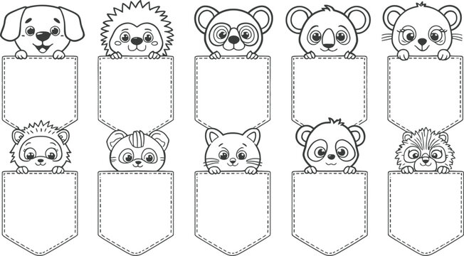 Cute cartoon animal pocket set with dog, bear, cat, panda, tiger, monkey, lion, raccoon and hedgehog in black and white