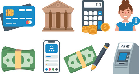 Financial services icon set with bank, credit card, calculator, cash, mobile banking, ATM, accounting, customer support illustration