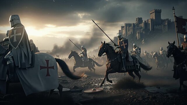 Armored soldiers on horseback swiftly advance through darkening skies