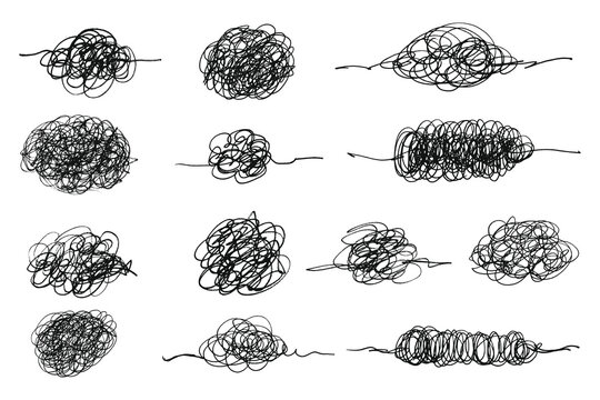 Scribble chaotic lines set. Scrawl messy chaos ball. Clew lines thread. Tangled insane knot lines, hand draw complicated difficult way concept. 