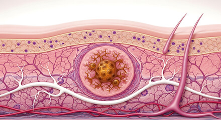 Cross-section human skin anatomy illustration with hair follicle and sweat glands medical diagram