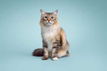 Fototapeta premium American bobtai Cat sits on blue background looking at the camera with curiosity and interest during daytime at home