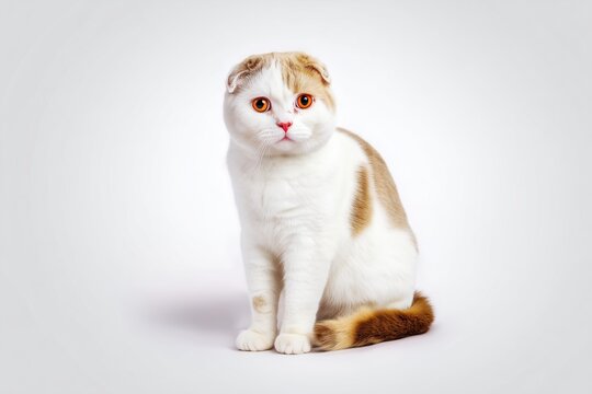 Cute Scottish Fold cat sits calmly on a plain background during a studio session for pet photography with focus on fur patterns