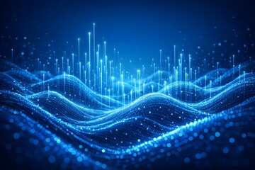 Naklejka premium Abstract blue energy landscape with glowing particles and wavy surfaces, representing data and digital ocean