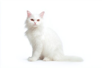White Maltese cat sits on a plain background looking directly at the viewer with bright eyes and fluffy fur in a well-lit space during daytime hours