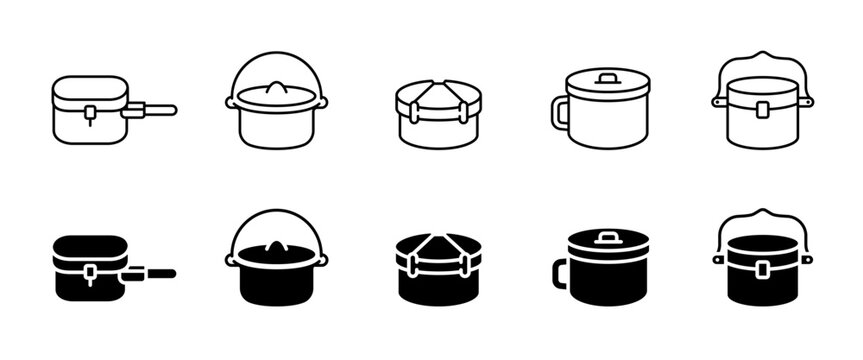 Camping cookware icon set. Outdoor mess kit and army pot for hiking, survival and travel cooking. Portable military cauldron illustration for camping and outdoor equipment concepts.