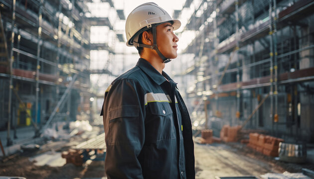 建設現場で働く日本人作業員の横顔ポートレート（安全ヘルメット）