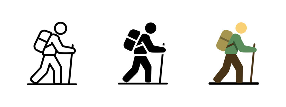 Hiking traveler icon set in outline, solid and color styles. Minimal vector symbols of hiker with backpack and trekking pole for outdoor, travel, tourism and adventure UI design.