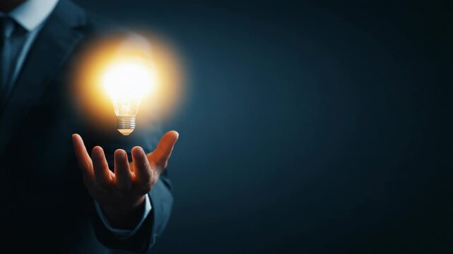 Businessman holding a glowing light bulb on his palm, concept of creative idea, innovation, inspiration, and business solution in dark background.