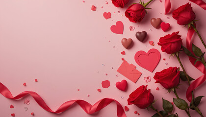 Obraz premium Clean and elegant Valentine flat lay featuring red roses, heart-shaped chocolates and love letters on a pastel background.