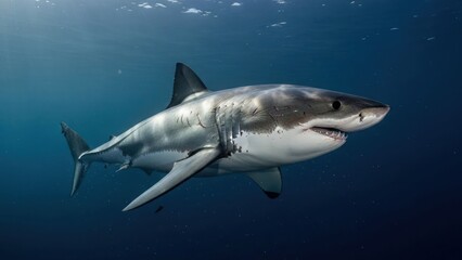 Naklejka premium A massive, white shark swims in deep blue ocean water