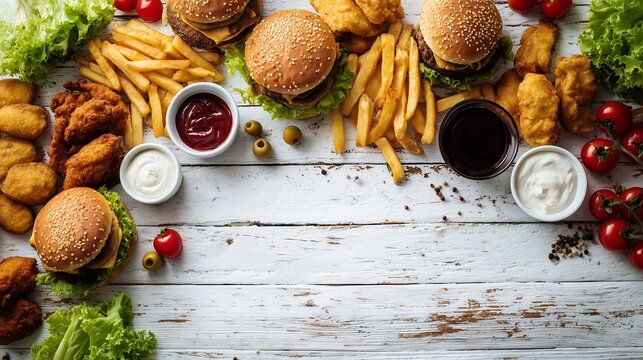 Overhead view of various fast foods like burgers, fries and fried chicken on rustic white wood, leaving generous center copyspace, concept for fast food menus, delivery ads and junk food promotion