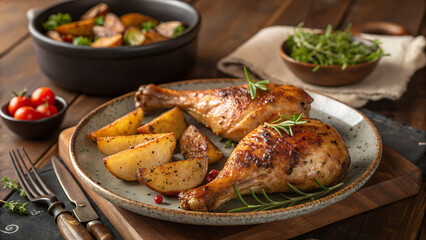Roasted Chicken Legs with Potatoes and Greens, Rustic Dinner Platter