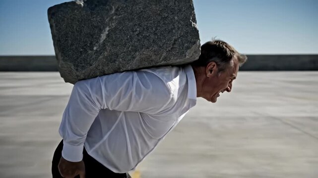Caucasian Businessman Carrying Massive Stone On Back, Straining Under Weight In Empty Concrete Lot, White Shirt Damp With Sweat, Bent Posture And Grim Expression, Slow Deliberate Steps,