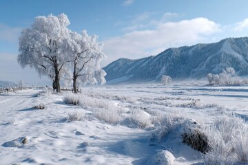 Serenity of a snow-covered landscape with frosted trees and distant mountains during winter