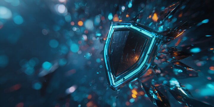 Digital shield icon breaking through fragments on a dark background with vivid blue neon outline and left copyspace, concept for cybersecurity, data defense and network protection promotion