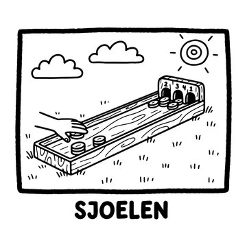 A black and white line art illustration of the classic Dutch game Sjoelen, featuring a wooden board, pucks, and hand-drawn elements. Ideal for coloring pages and cultural education.