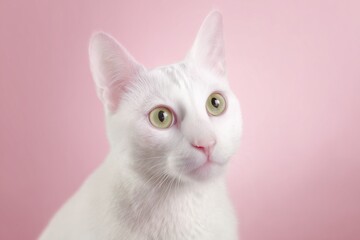 Fototapeta premium White Cat Portrait on Pastel Pink Background