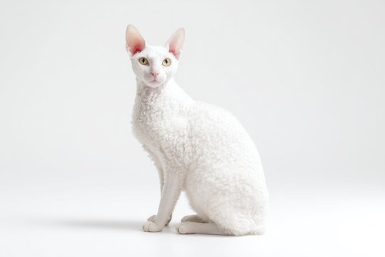 White Cornish Rex cat sits on plain background and looks directly at the camera with alert expression