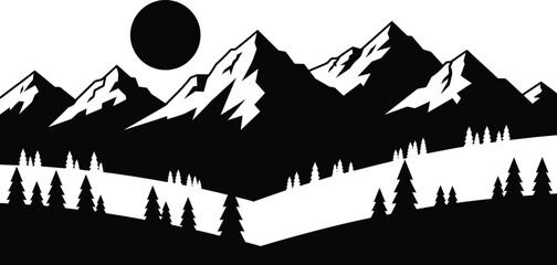 Dramatic mountain landscape with trees under full moon